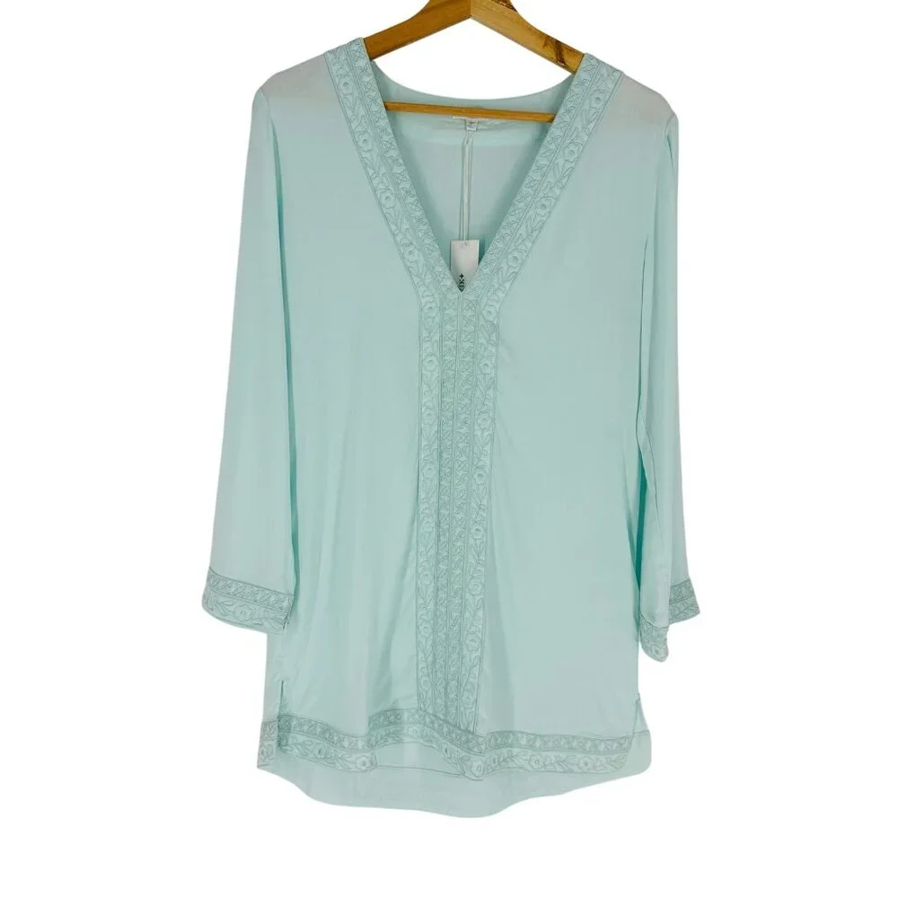 Tavik Aqua Blue Floral Embroidered V-Neck 3/4 Sleeve Split Hem Beachy Tunic XS - Picture 1 of 8